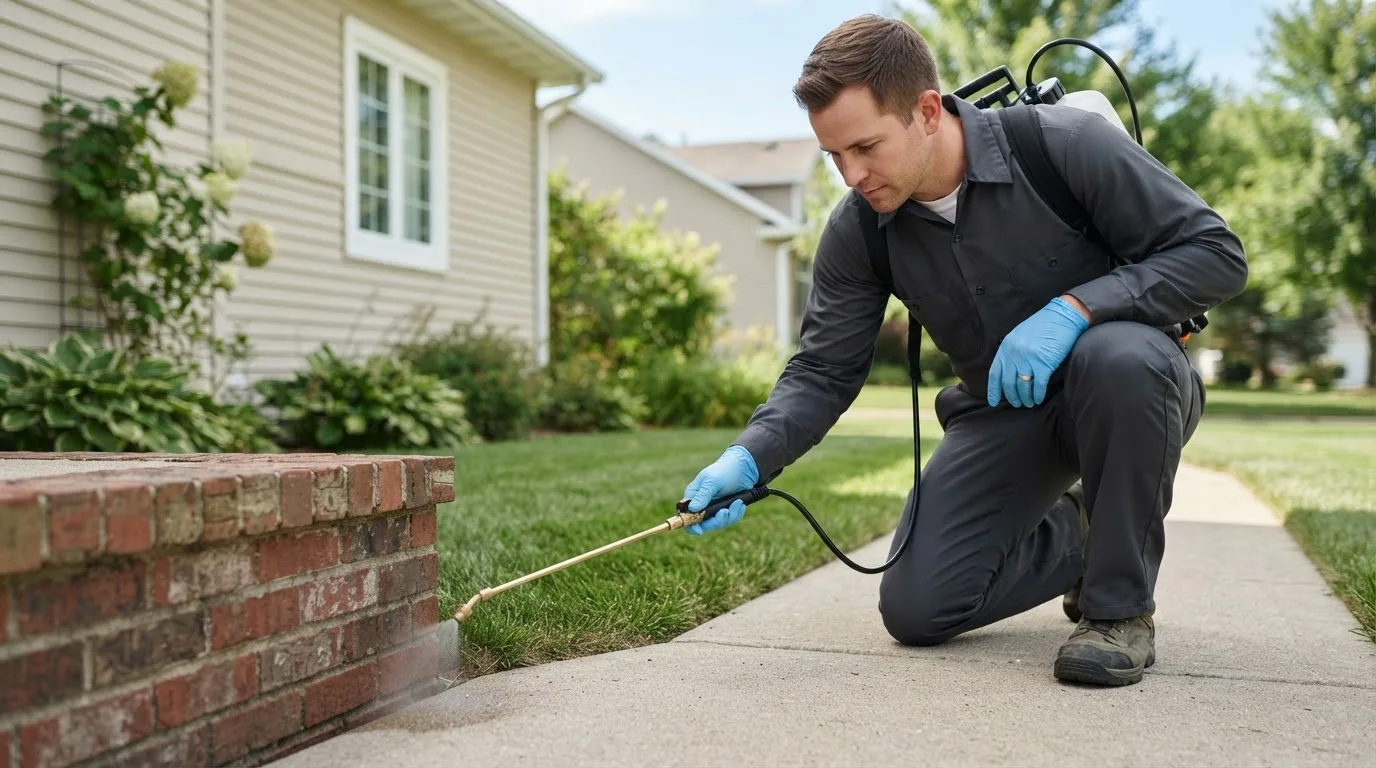 Pest control technician treating a home near Maryville, IL
