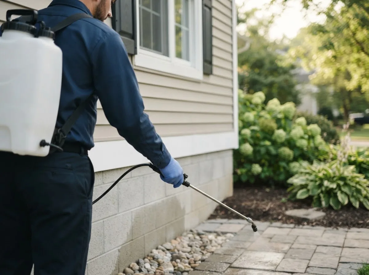 Pest control technician inspecting a home in Maryville, IL
